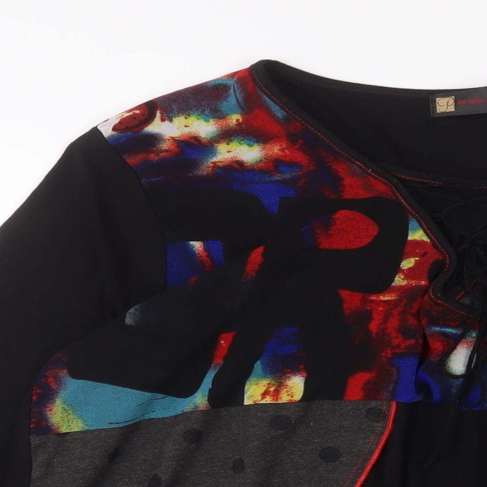 Purple Rose Womens Black Geometric Viscose Basic T-Shirt Size L V-Neck