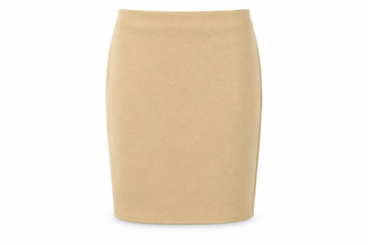 Front view of PRETTYLITTLETHING women’s beige polyester bandage skirt, size UK 4