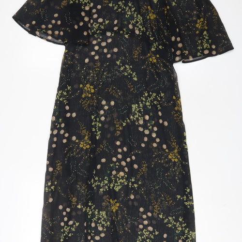 Zara Womens Black Floral Polyester A-Line Size S Crew Neck Button