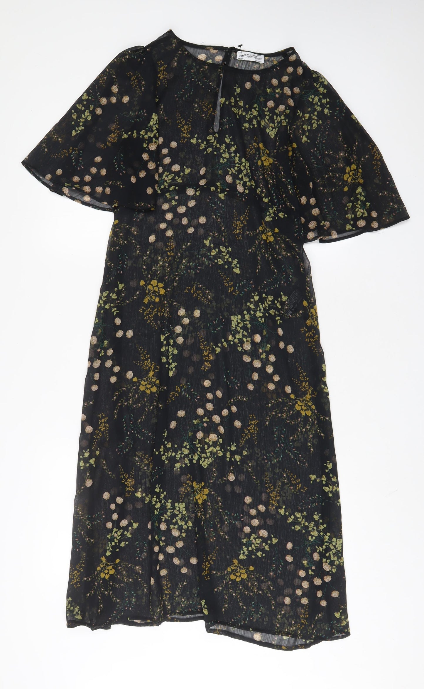 Zara Womens Black Floral Polyester A-Line Size S Crew Neck Button