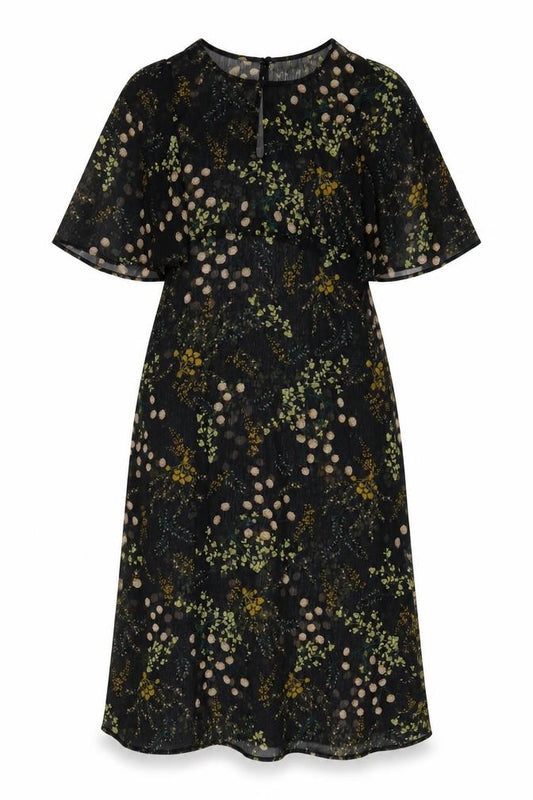 Front view of Zara women’s black floral polyester a-line, size S, crew neck button