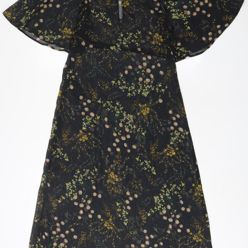 Zara Womens Black Floral Polyester A-Line Size S Crew Neck Button