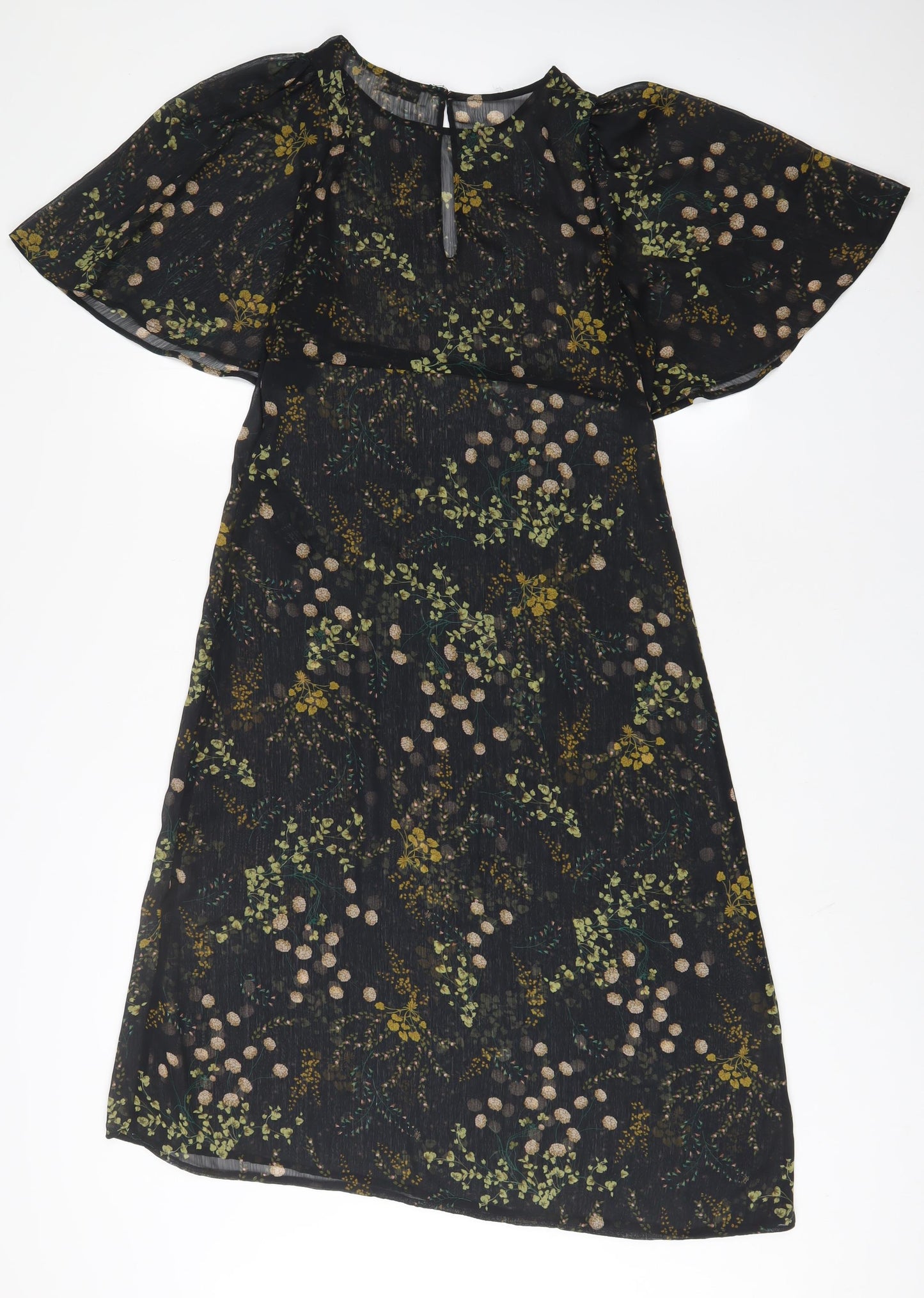 Zara Womens Black Floral Polyester A-Line Size S Crew Neck Button