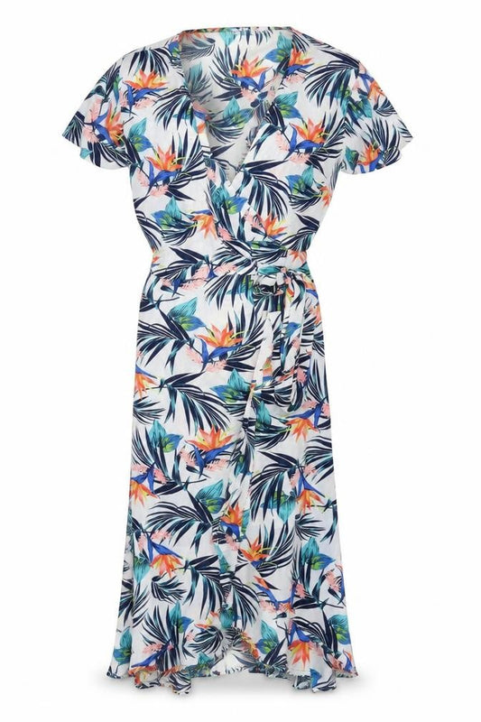 Front view of Time and Thru women’s multicoloured geometric polyester wrap dress, size UK 4, v-neck tie - 4/6