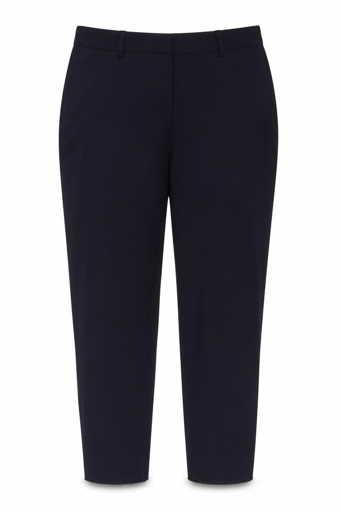 Front view of Marks & Spencer women’s blue polyester trousers, size UK 14, 31-inch leg regular hook & eye