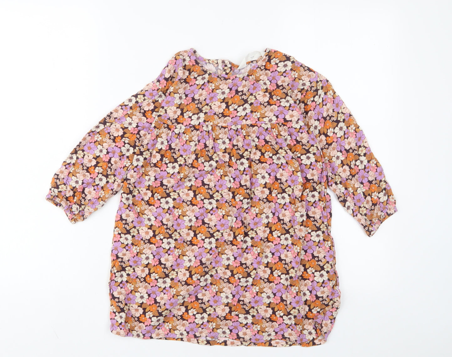 H&M Girls Multicoloured Floral Viscose A-Line Size 6-7 Years Crew Neck Button