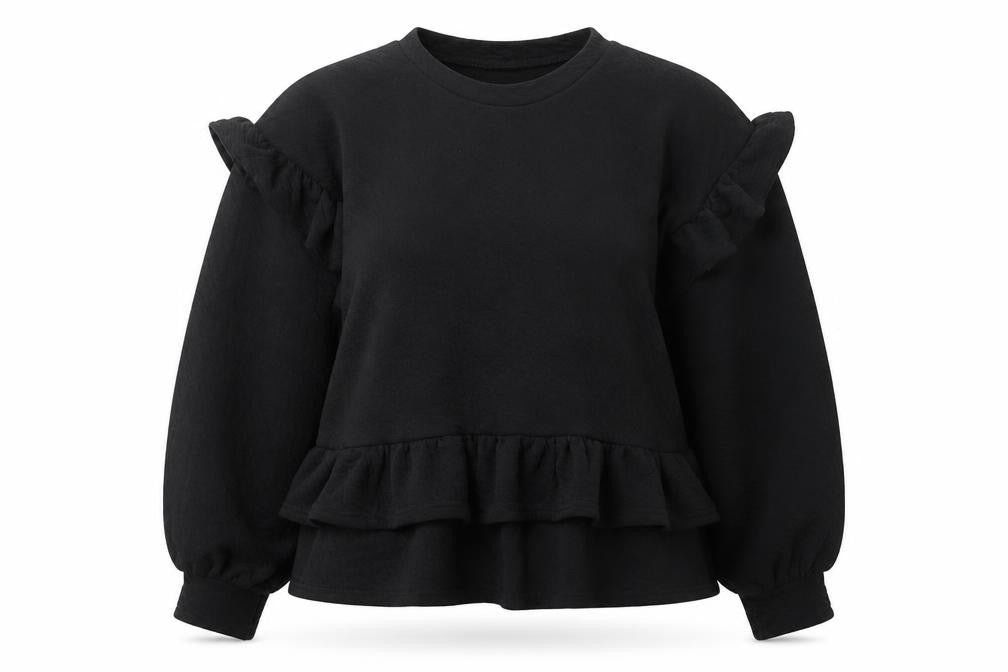 Front view of Oasis women’s black polyester pullover sweatshirt, size L, pullover - frill