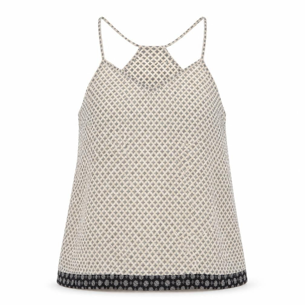Front view of jeanwest women’s beige argyle/diamond polyester basic tank, size UK 16, v-neck