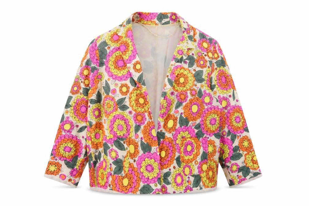 Front view of River Island women’s multicoloured floral jacket blazer, size UK 16, - open