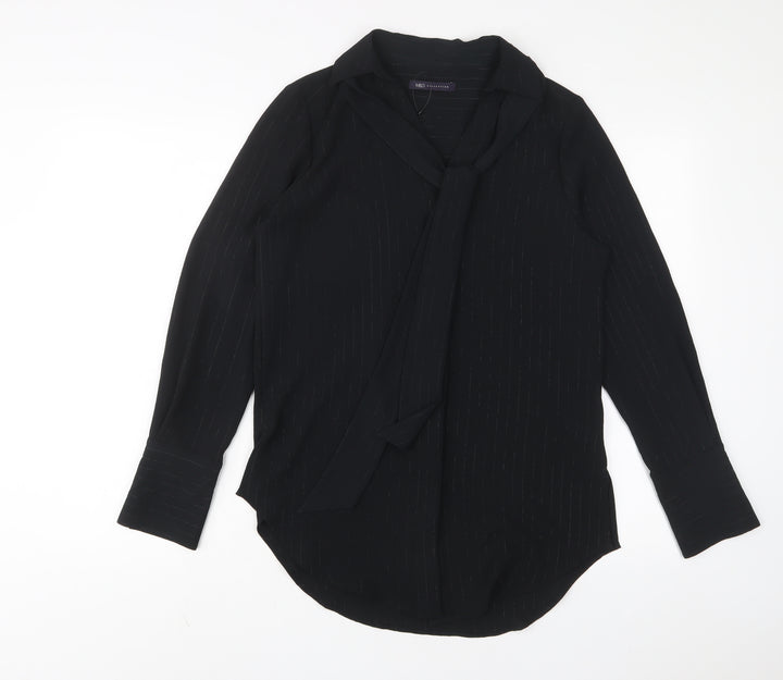 Marks and Spencer Womens Black Striped Polyester Basic Button-Up Size 8 Collared