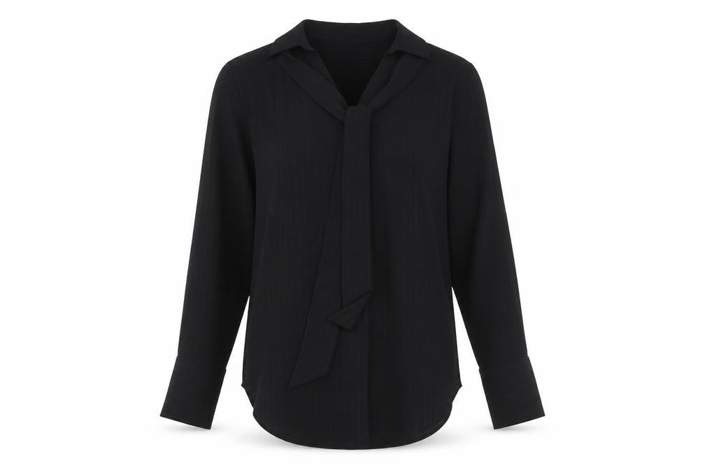 Front view of Marks & Spencer women’s black striped polyester basic button-up, size UK 8, collared