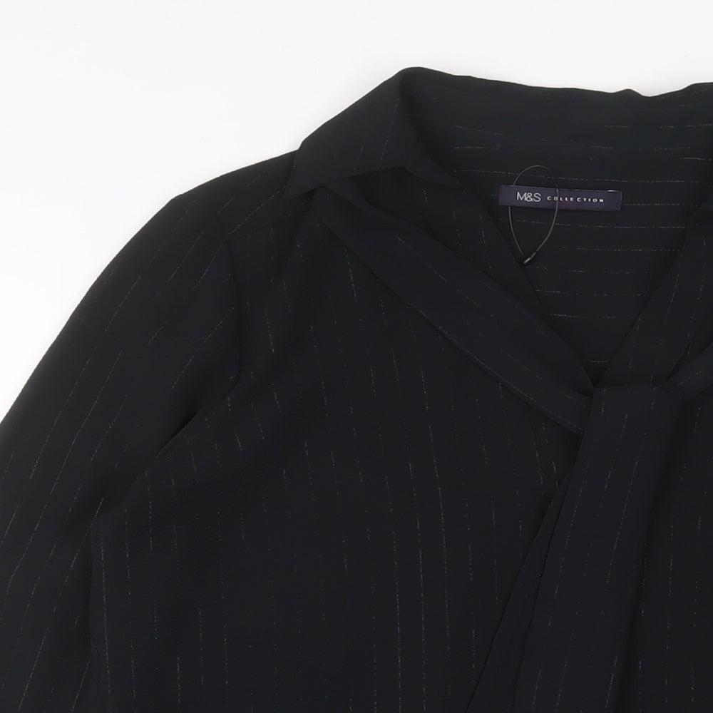 Marks and Spencer Womens Black Striped Polyester Basic Button-Up Size 8 Collared