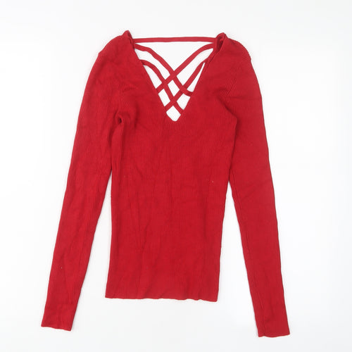 Miss Selfridge Womens Red V-Neck Viscose Pullover Jumper Size 8 - Stretch
