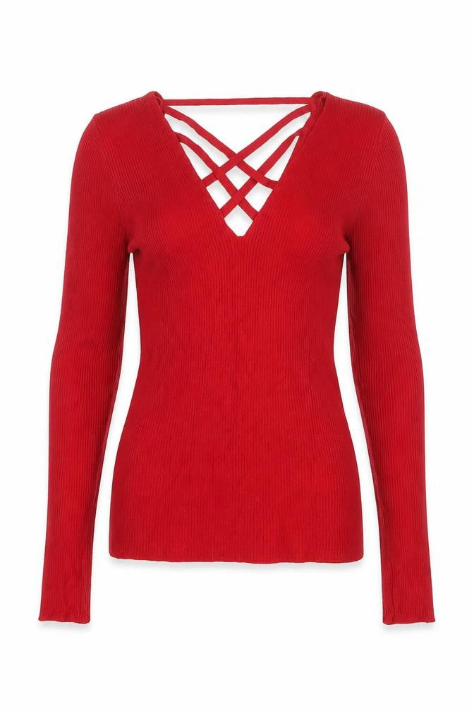 Front view of Miss Selfridge women’s red v-neck viscose jumper, size UK 8, - stretch