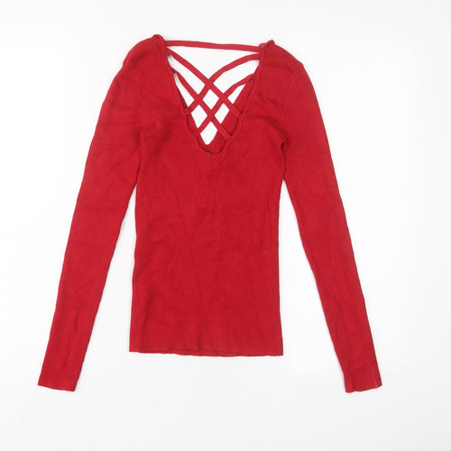 Miss Selfridge Womens Red V-Neck Viscose Pullover Jumper Size 8 - Stretch