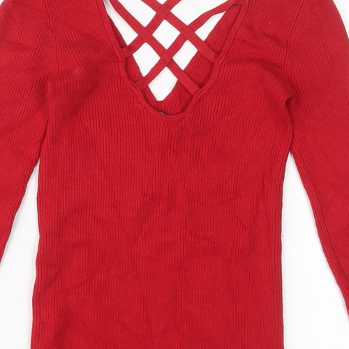 Miss Selfridge Womens Red V-Neck Viscose Pullover Jumper Size 8 - Stretch