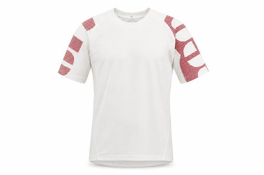 Front view of Reebok men’s white nylon basic t-shirt, size M, crew neck pullover