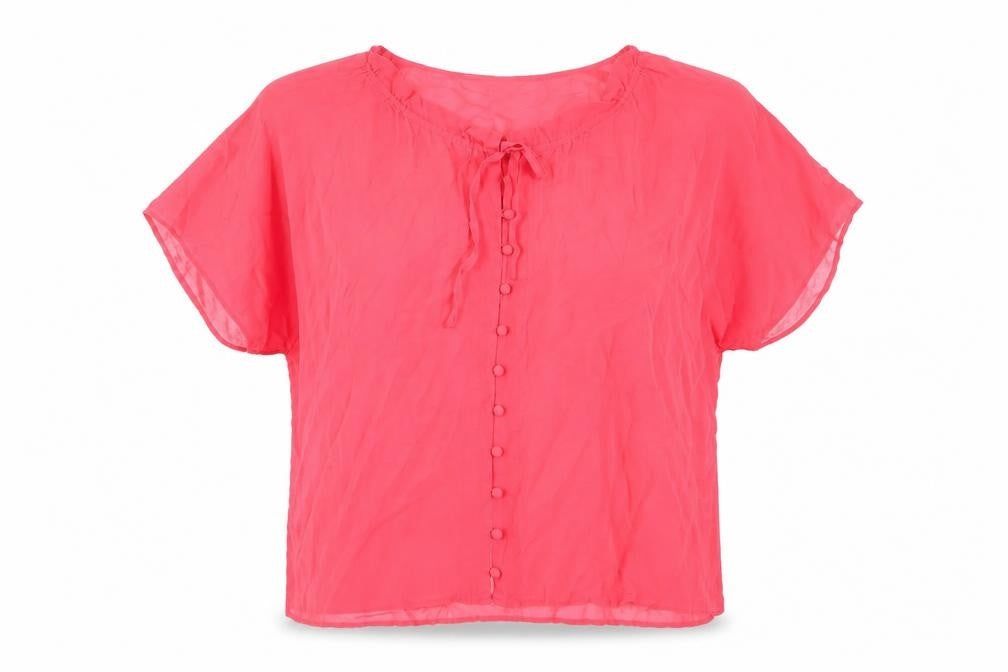 Front view of Monsoon women’s pink silk basic t-shirt, size UK 10, scoop neck