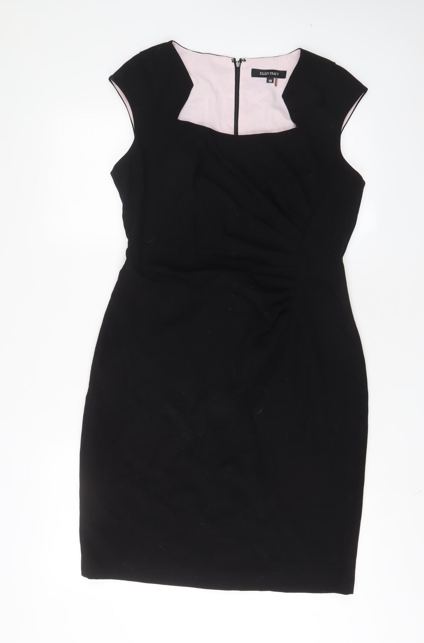 Ellen Tracy Womens Black Polyester Sheath Size 10 Square Neck Zip - Pleated
