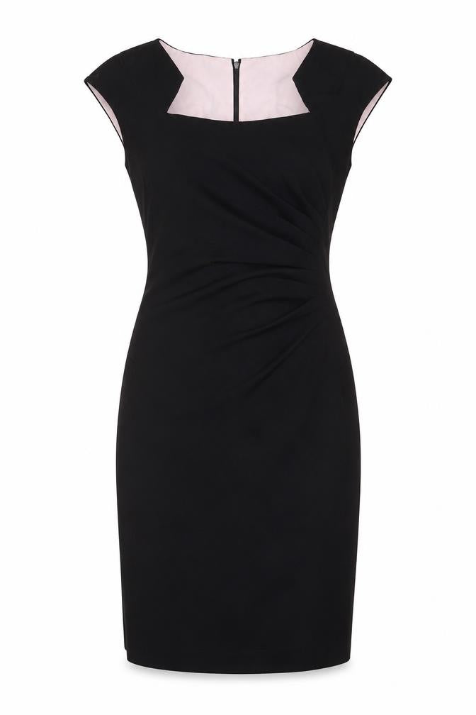 Front view of Ellen Tracy women’s black polyester sheath, size UK 10, square neck zip - pleated