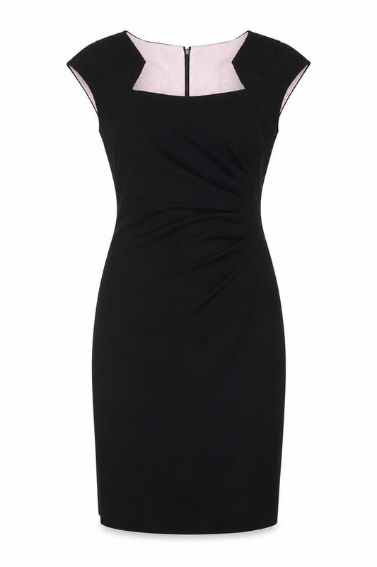 Front view of Ellen Tracy women’s black polyester sheath, size UK 10, square neck zip - pleated