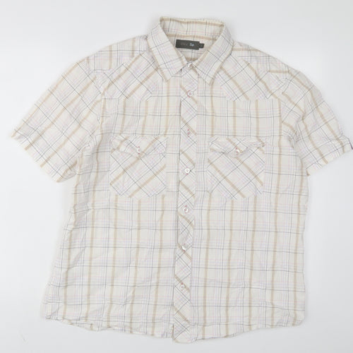 Marks and Spencer Mens White Plaid Polyester Button-Up Size L Collared Button