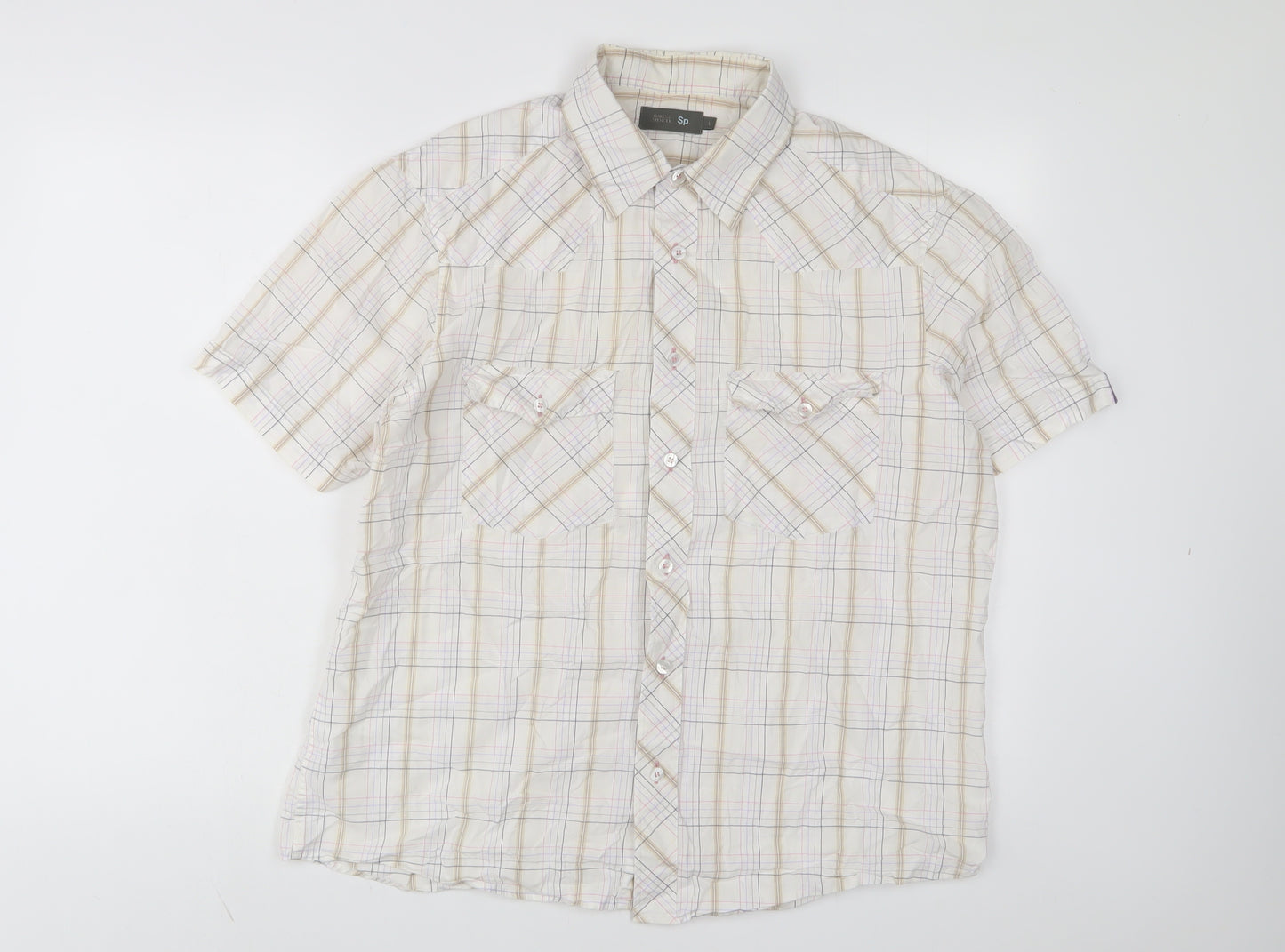 Marks and Spencer Mens White Plaid Polyester Button-Up Size L Collared Button