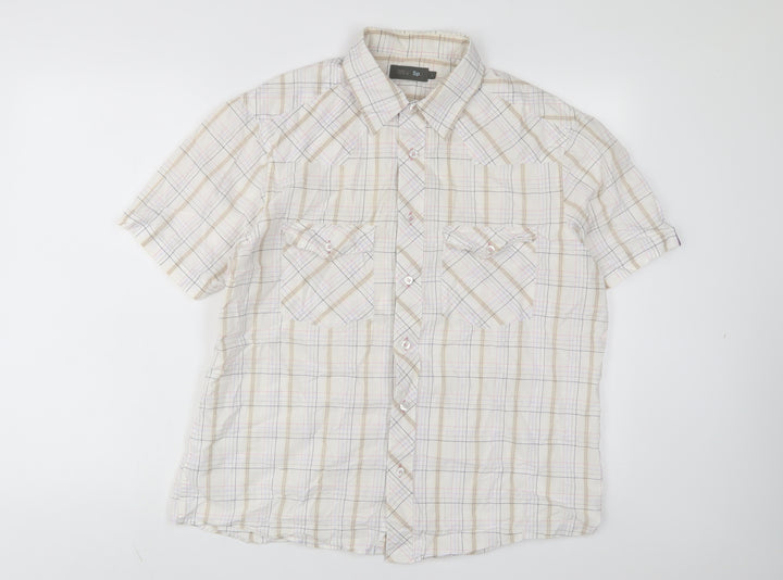 Marks and Spencer Mens White Plaid Polyester Button-Up Size L Collared Button