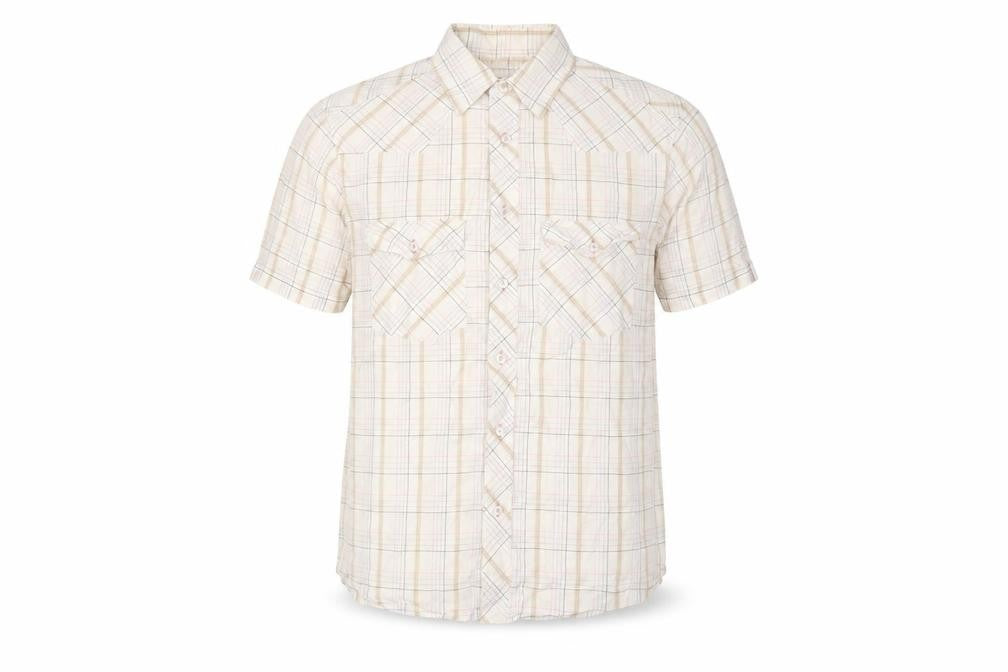 Front view of Marks & Spencer men’s white plaid polyester button-up, size L, collared button