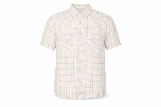 Front view of Marks & Spencer men’s white plaid polyester button-up, size L, collared button