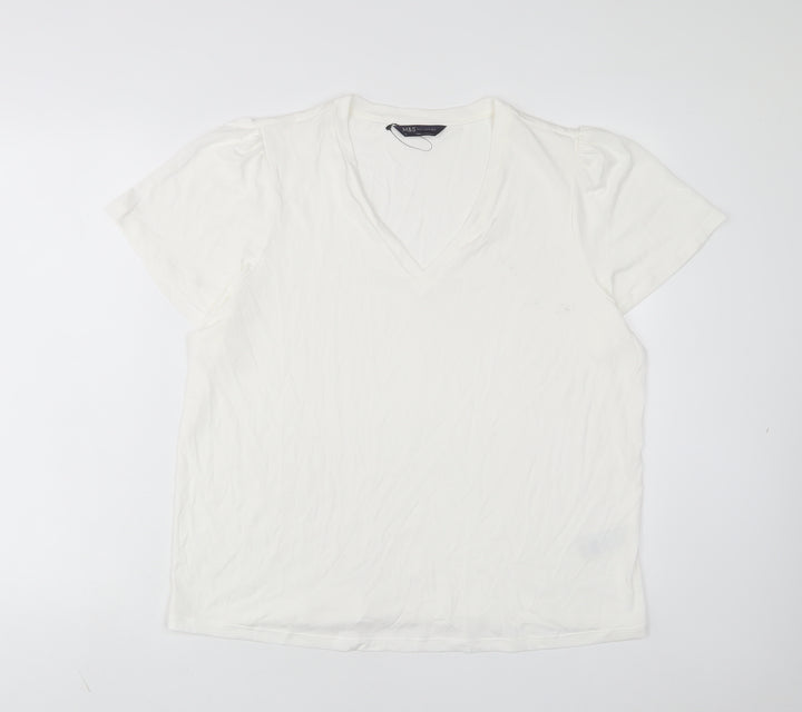 Marks and Spencer Womens White Polyester Basic T-Shirt Size 18 V-Neck