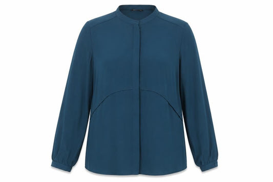 Front view of Select women’s blue polyester basic button-up, size UK 14, crew neck
