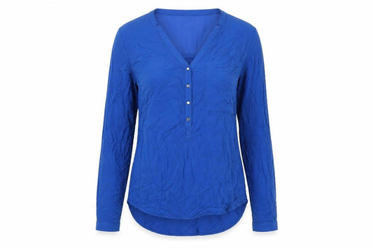 Front view of Pimkie women’s blue polyester basic button-up, size S, crew neck