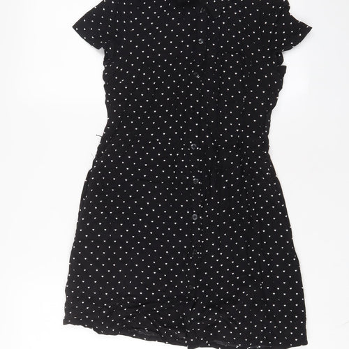 H&M Womens Black Geometric Viscose A-Line Size 10 Collared Button