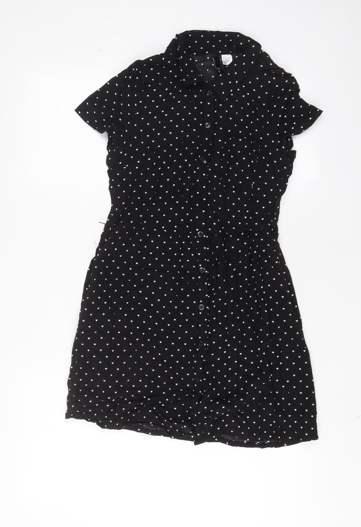 H&M Womens Black Geometric Viscose A-Line Size 10 Collared Button