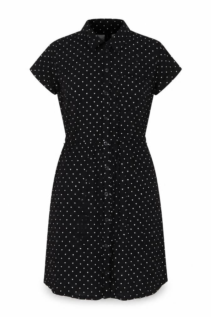 Front view of H&M women’s black geometric viscose a-line, size UK 10, collared button