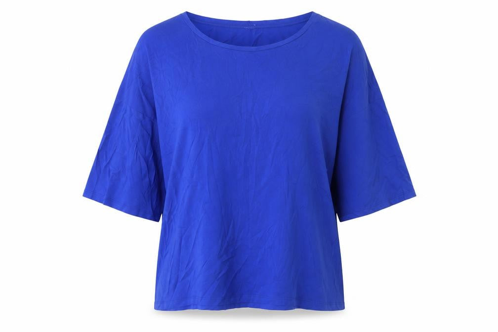 Front view of Finery women’s blue cotton basic t-shirt, size UK 18, crew neck