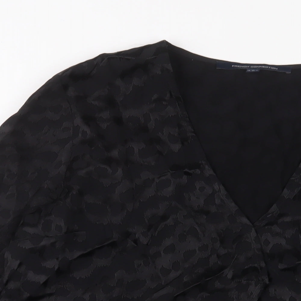 French Connection Womens Black Animal Print Viscose Basic Blouse Size 14 V-Neck