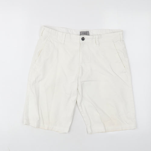 Marks and Spencer Mens White Cotton Bermuda Shorts Size 30 in L10 in Regular Zip