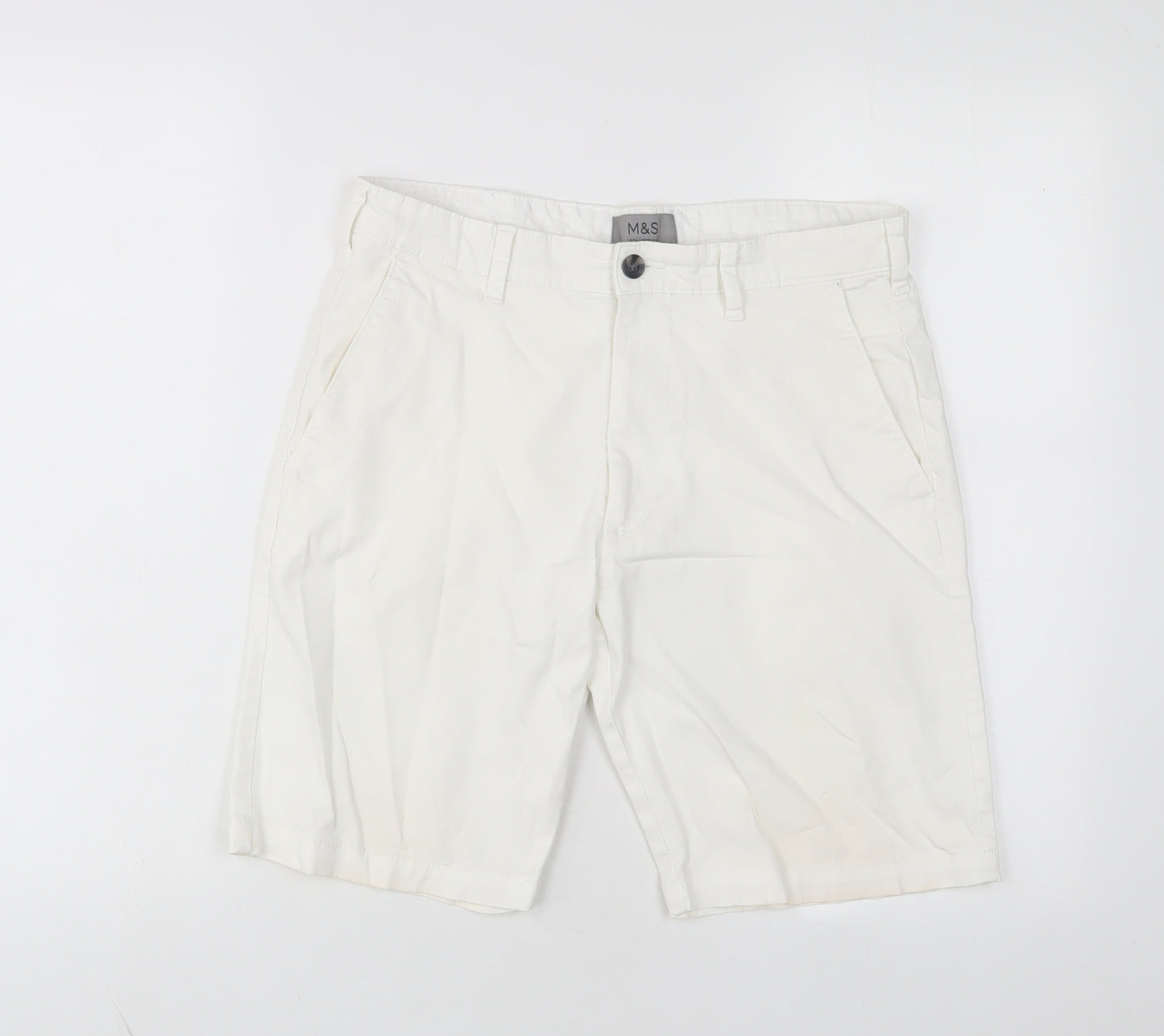 Marks and Spencer Mens White Cotton Bermuda Shorts Size 30 in L10 in Regular Zip