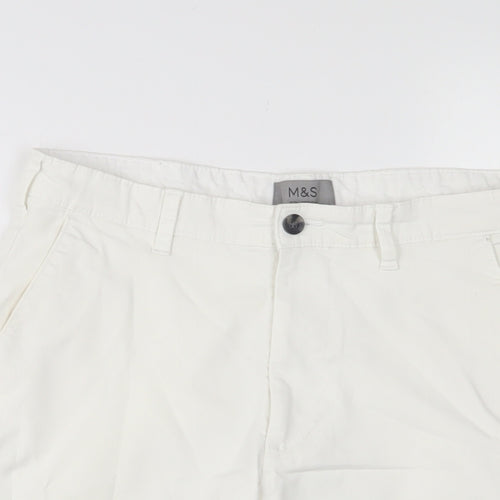 Marks and Spencer Mens White Cotton Bermuda Shorts Size 30 in L10 in Regular Zip