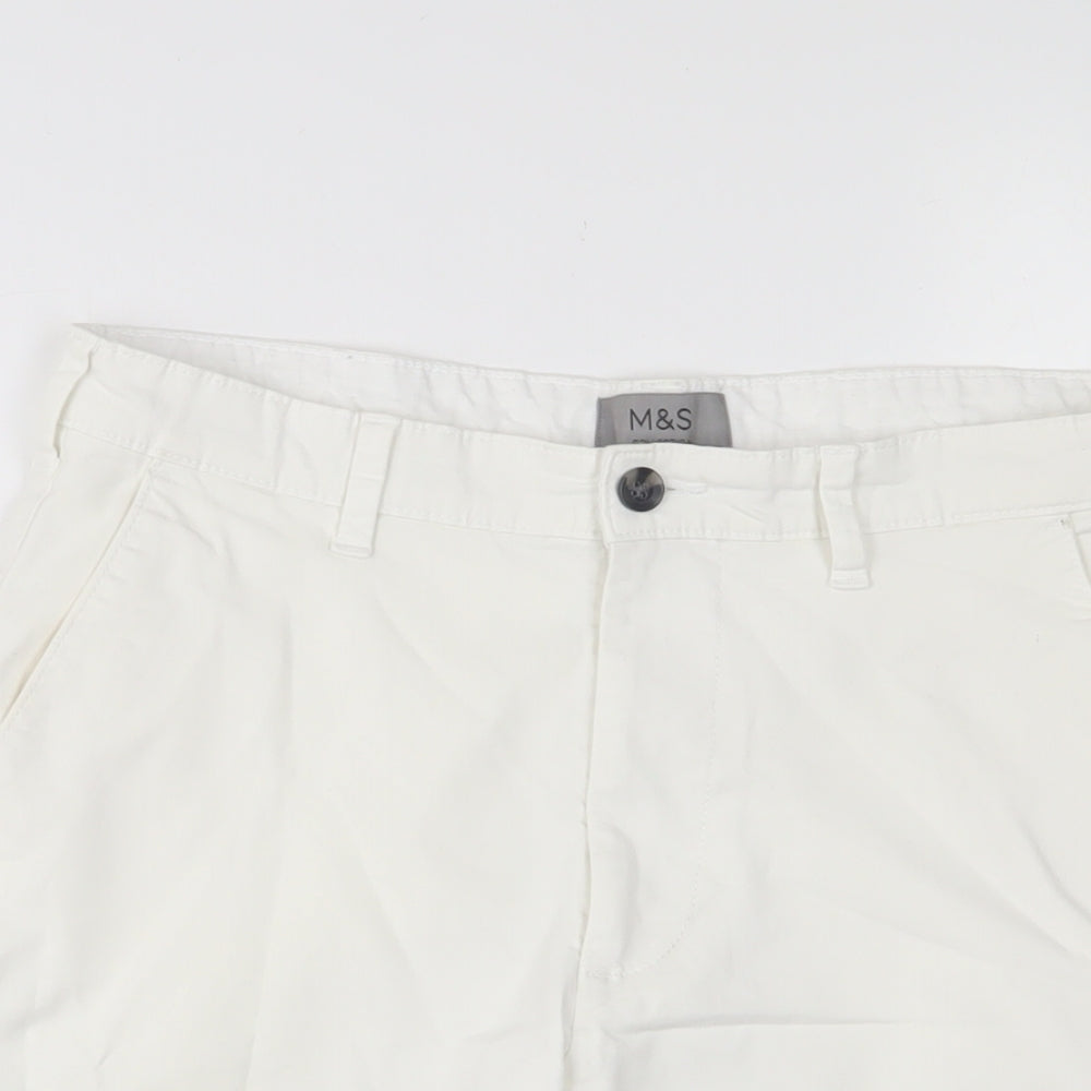 Marks and Spencer Mens White Cotton Bermuda Shorts Size 30 in L10 in Regular Zip
