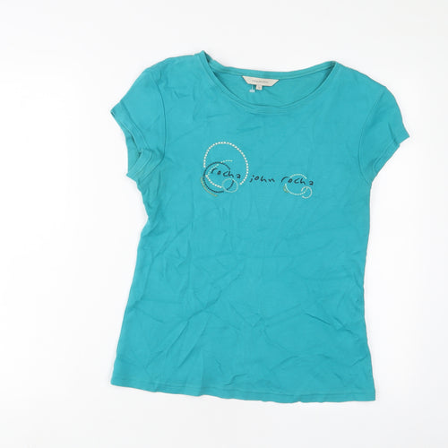 RJR.John Rocha Womens Blue Cotton Basic T-Shirt Size 14 Crew Neck - Embroidered
