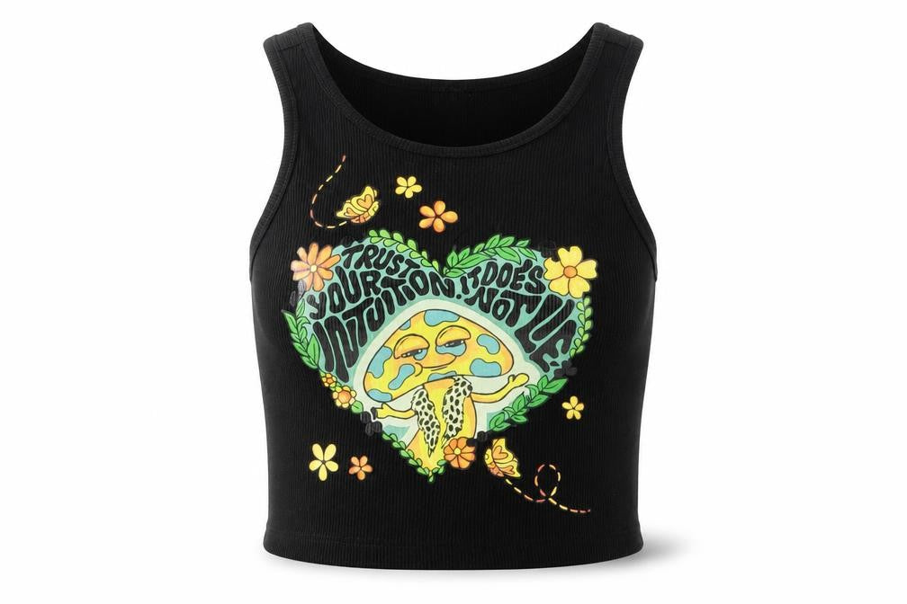 Front view of ROMWE women’s black polyester cropped tank, size S, crew neck