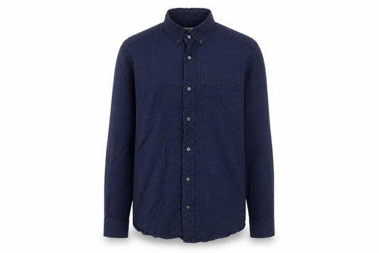 Front view of Next men’s blue cotton button-up, size S, collared button