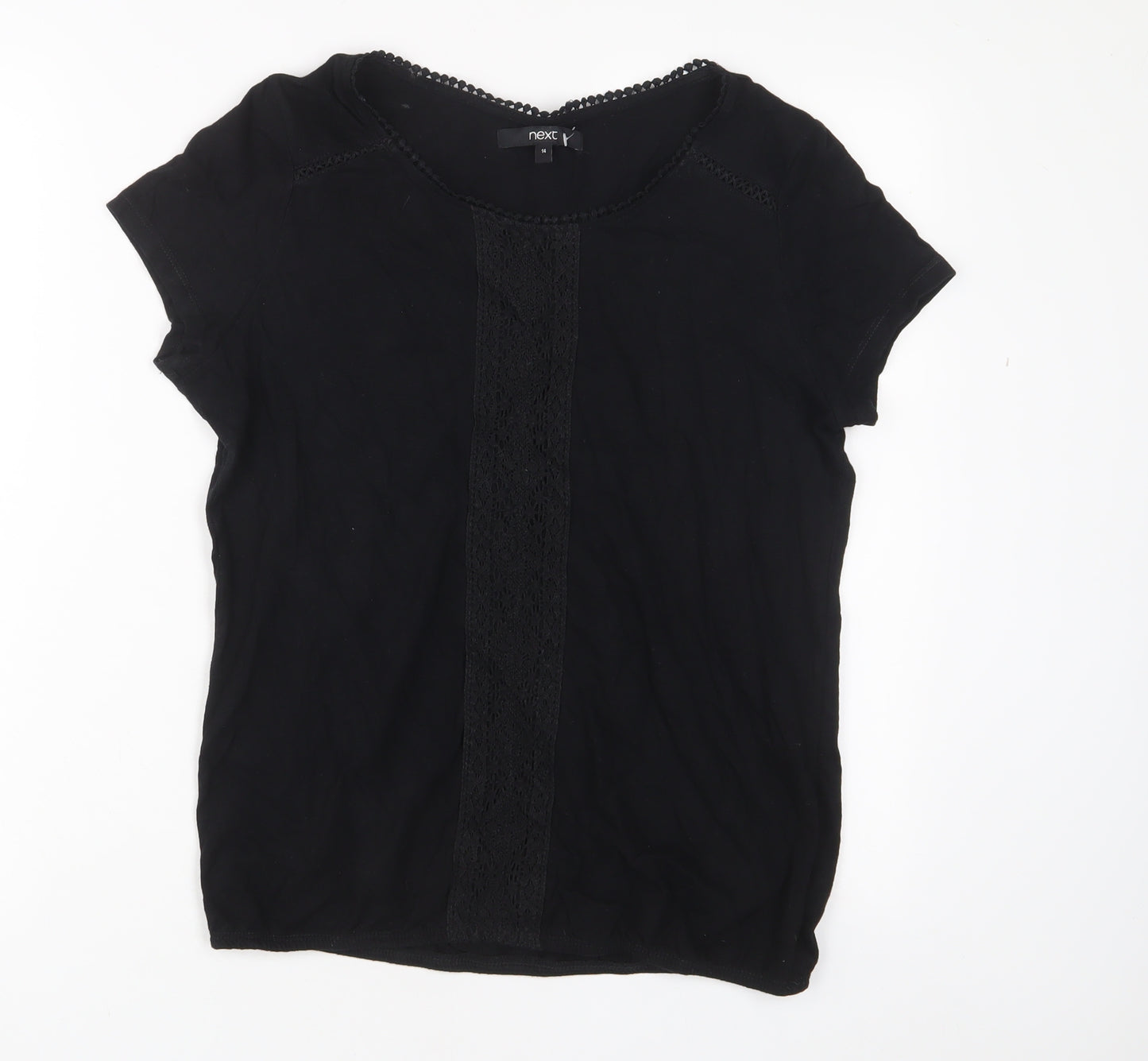 NEXT Womens Black Cotton Basic T-Shirt Size 14 Crew Neck - Embroidered