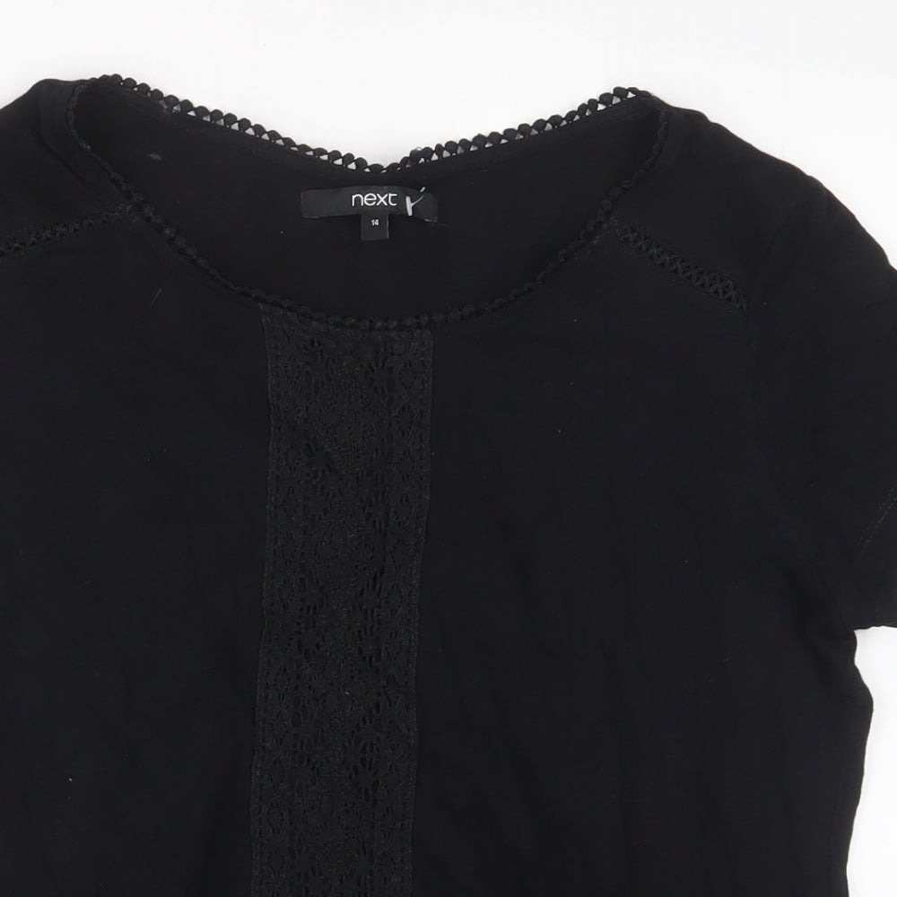 NEXT Womens Black Cotton Basic T-Shirt Size 14 Crew Neck - Embroidered