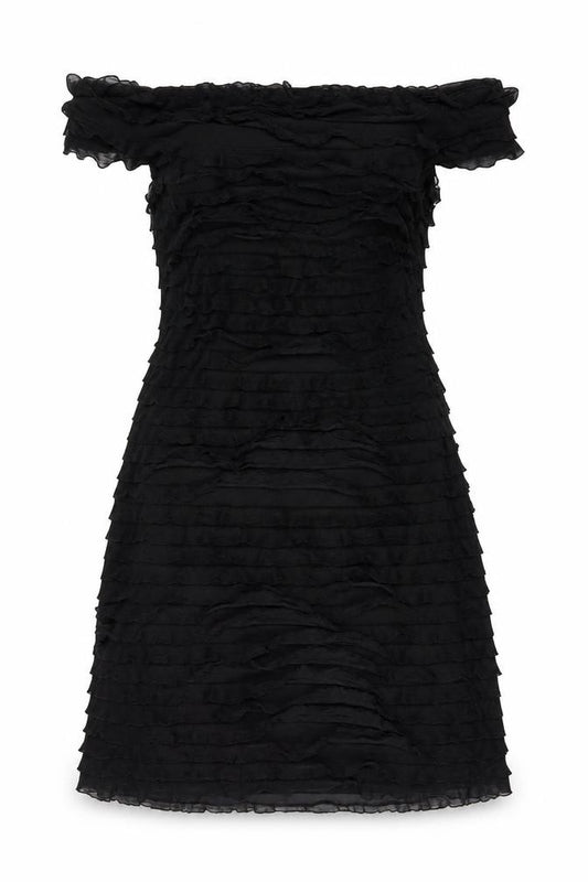 Front view of JS Boutique women’s black polyester a-line, size UK 8, square neck zip