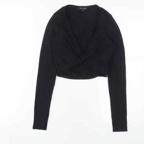 New Look Womens Black Polyester Cropped T-Shirt Size 6 V-Neck