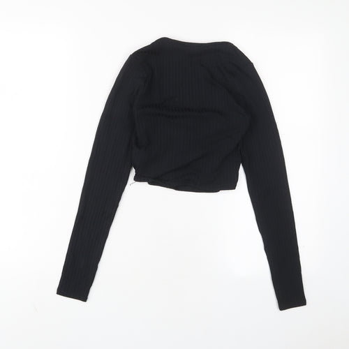 New Look Womens Black Polyester Cropped T-Shirt Size 6 V-Neck